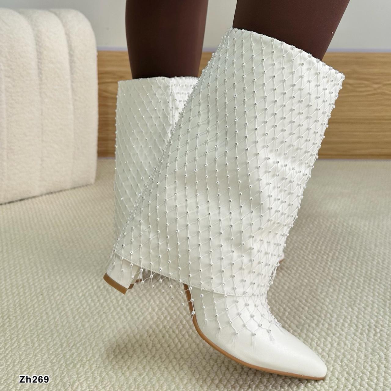 Botin blanco doblez malla apliques brillante tacon 9cm 255-022
